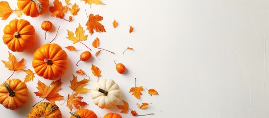 Naklejka premium Top down view of pumpkins and autumn leaves on a white backdrop with space for text or images ideal for Halloween or Thanksgiving themes. with copy space image. Place for adding text or design