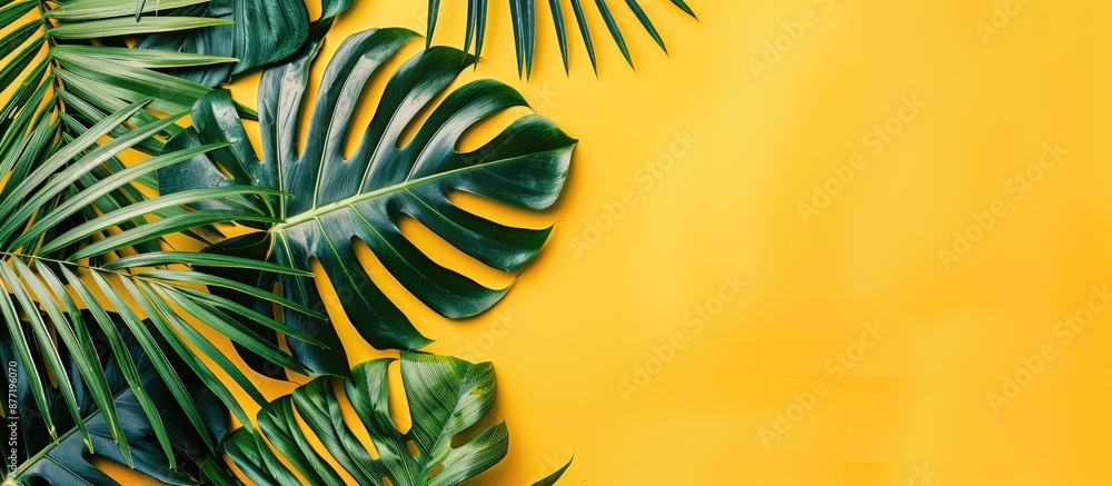 Fototapete a vibrant flat lay scene featuring lush tropical palm leaves on a sunny yellow backdrop ideal for ad