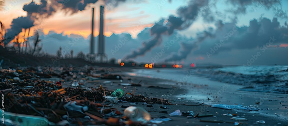 Poster pollution at dusk on a sea shore showing environmental issues with a focus on the ecological impact 