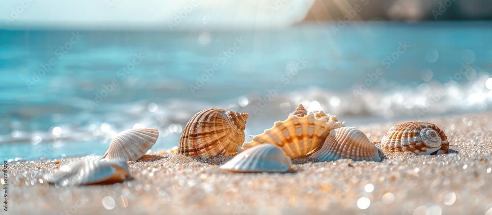 Aufkleber attractive seashells near the ocean on a natural setting with copy space image