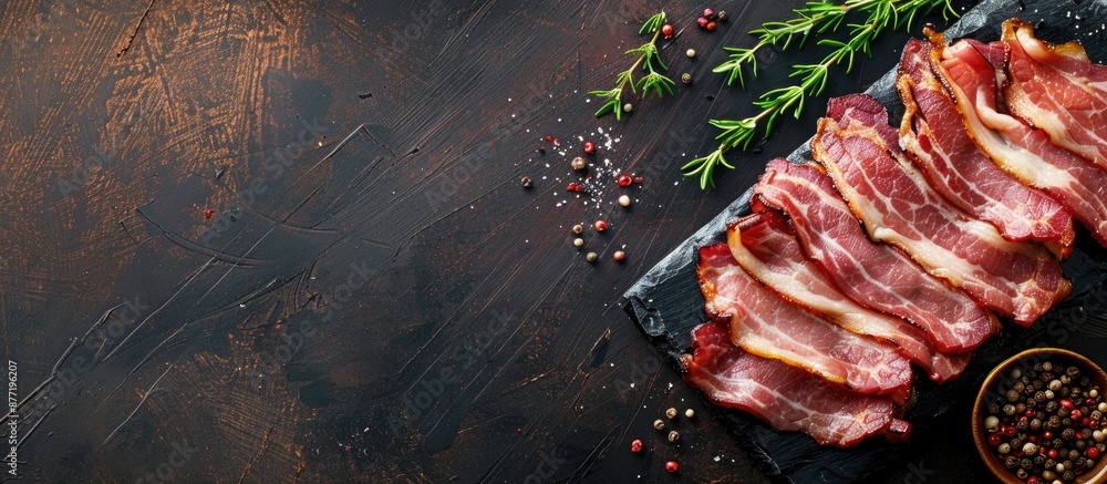 Fototapete Rustic top view image of a fresh bacon slice and pork strips laid on a table as a tempting appetizer or meal providing a copy space food background
