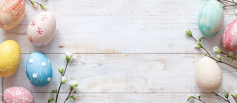 Poster Easter themed background featuring colored eggs and a blank frame for copy space image on a light wooden background