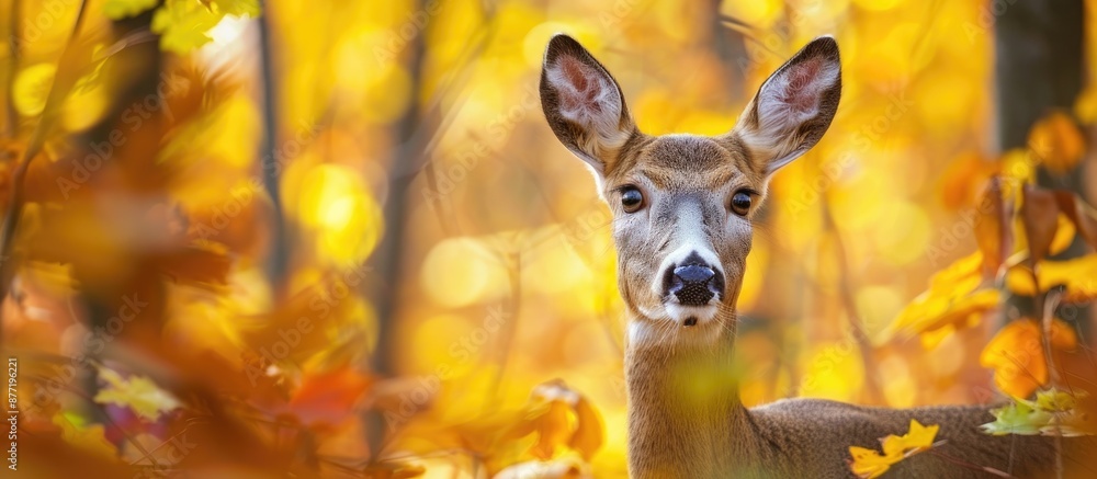 Poster a doe capreolus capreolus gazes at the camera from the colorful autumn forest providing a serene ima