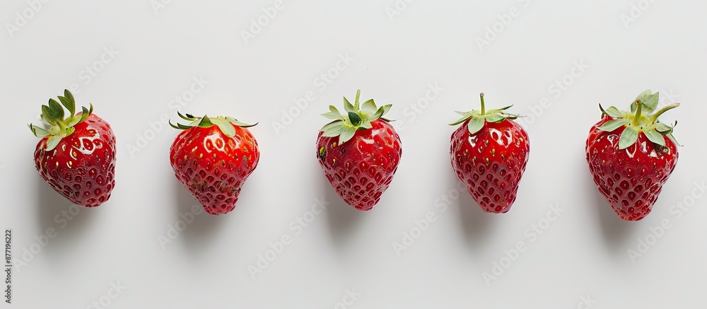 Poster A white backdrop displaying five vibrant red strawberries with copy space image integrated