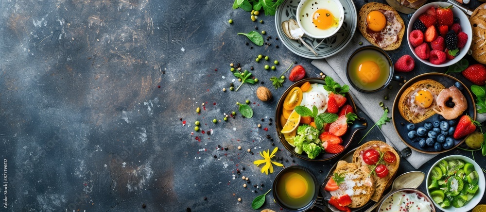 Fototapete view from above of nutritious meals for breakfast lunch and dinner with dietary value showcased in a