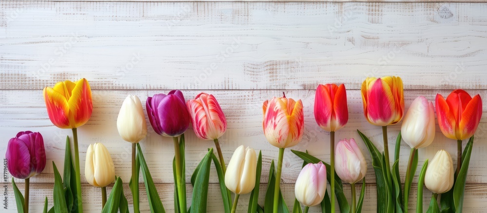 Aufkleber vivid multicolored tulips on a light wooden backdrop with ample copy space image for birthdays or ot