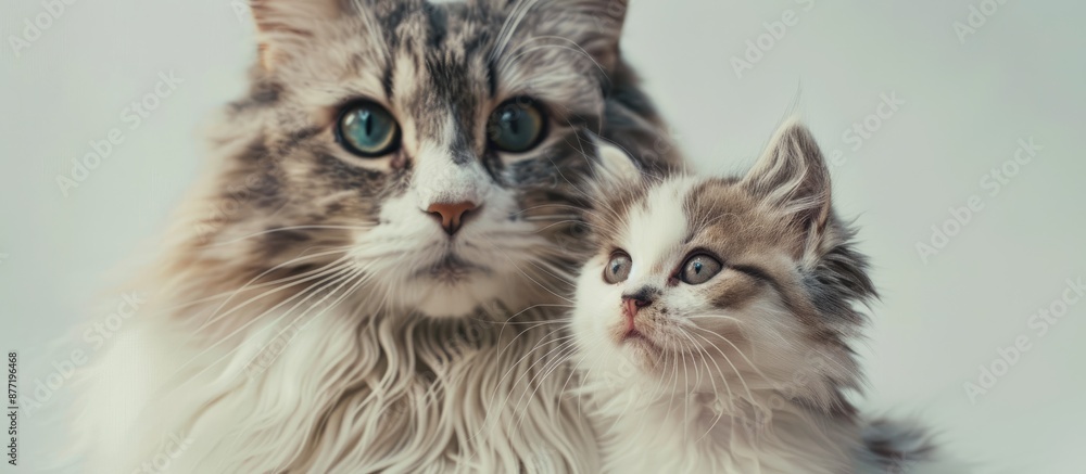 Poster portrait featuring a large fluffy cat with big eyes beside a small white cat against a white backdro