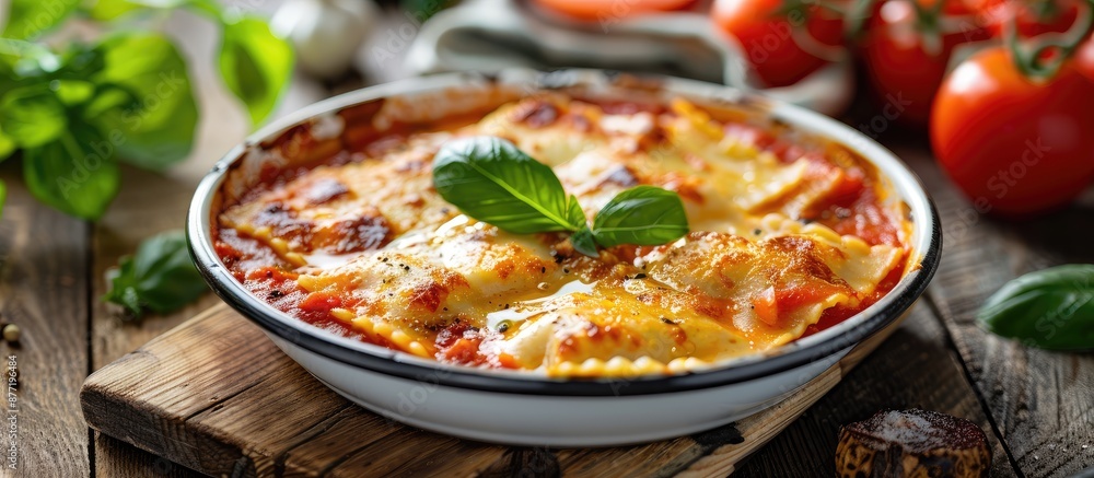 Poster a healthy meal on the table featuring ravioli stuffed with fish in a fresh tomato sauce with a copy 