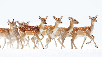 Naklejka premium Group of fallow deer in the snow in winter. Wildlife scene from nature.