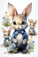 Naklejka premium Set of illustration in cute rabbit watercolor bunny of the Easter art painted th, generative IA