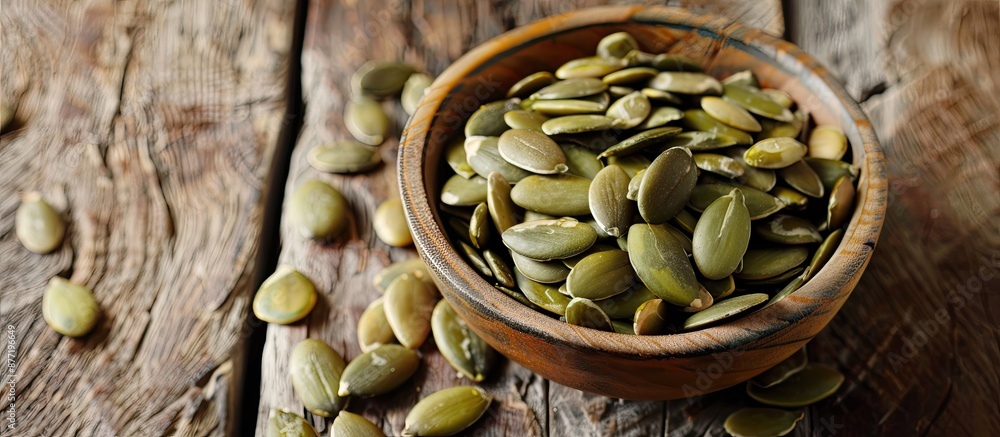 Fototapete A bowl of unprocessed pumpkin seeds placed on a wooden table with room for text alongside the image. with copy space image. Place for adding text or design