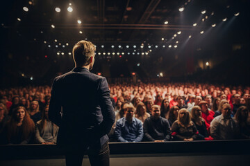 Generative AI illustration motivational speaker with microphone in hand in front of audience at conference room