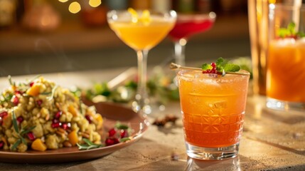 Gourmet Dining Experience with Colorful Cocktails and Exquisite Dish