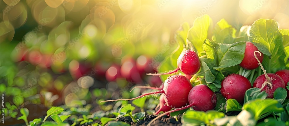 Poster fresh radish field with a vibrant background perfect for a copy space image with text
