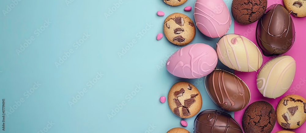 Poster delicious chocolate easter eggs and cookies displayed against a colorful background with copy space 