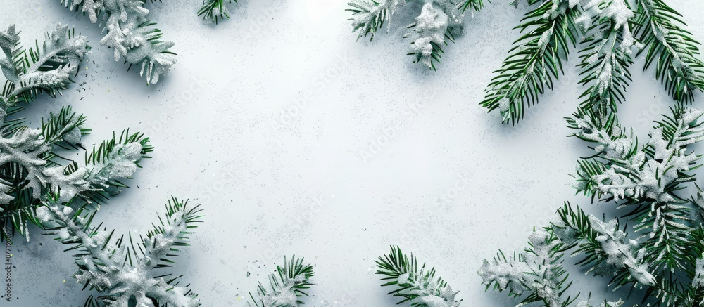 Poster Fir tree Christmas frame on snowy white backdrop with copy space image