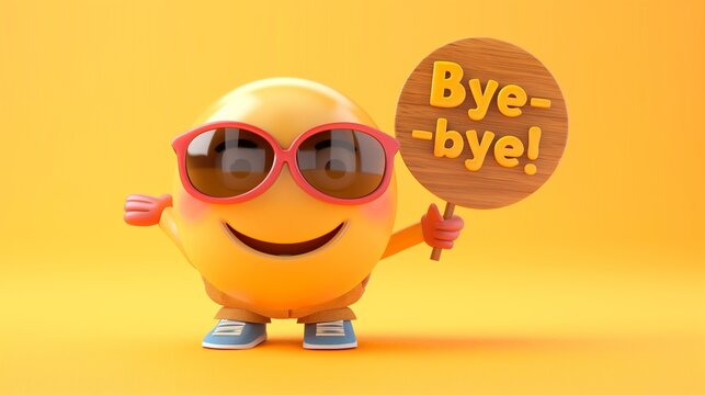 A cheerful emoji cartoon character with sunglasses, holding a sign that says "Bye-bye!" on a bright yellow solid background