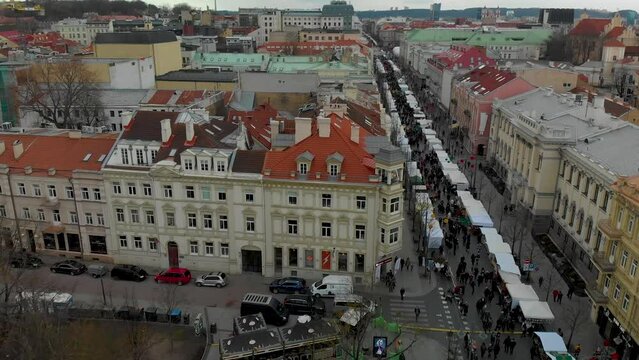 Aerial view of crowds attending Kaziuko muge or Kaziukas, traditional Easter market, annual crafts fair held every March on Old Town streets.