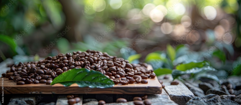 Poster Selective focus on coffee beans arranged on a wooden board in a garden with natural lighting creating a serene copy space image