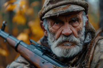 Fototapeta premium Hunter male female shooting from rifle gun in woods safari hunting season, Generative AI