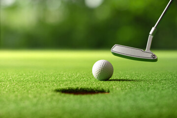Close-up golf ball after putting to the golf hole.