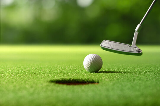 Close-up golf ball after putting to the golf hole.