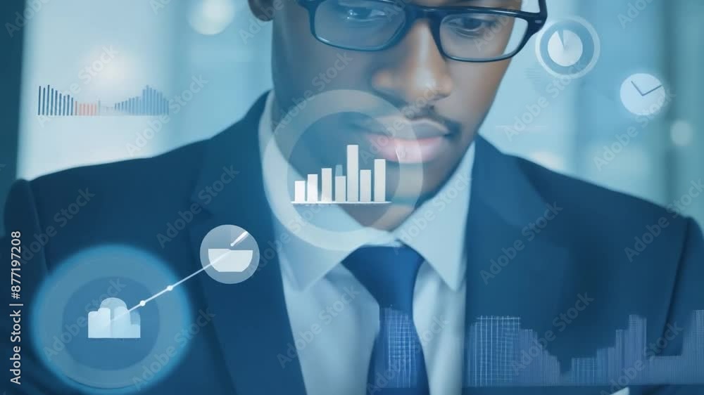 Poster A businessman in a suit and tie examines data visualizations displayed on a digital screen, focusing intently on the information presented.