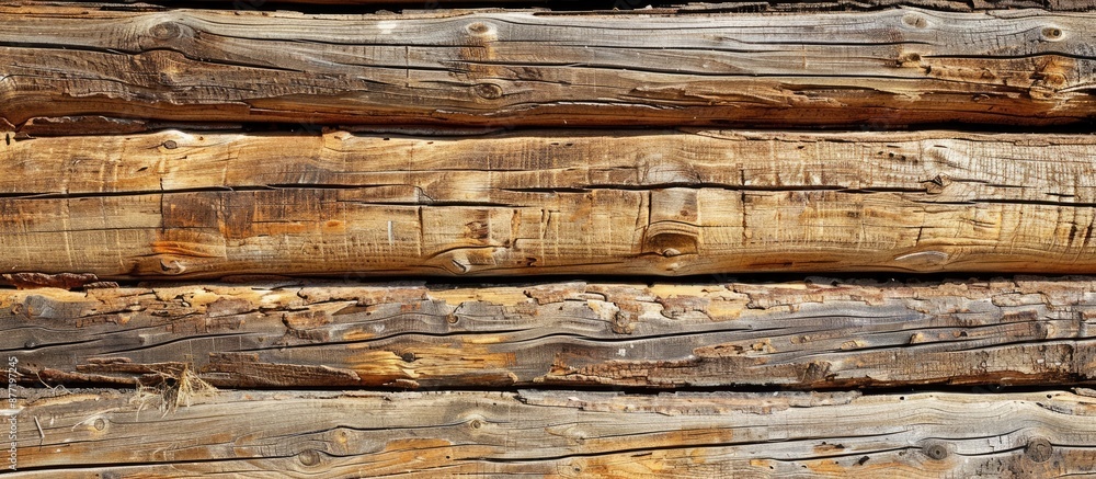 Poster Close up of a natural colored horizontal wooden log cabin wall with a wood texture providing a rustic background with copy space image