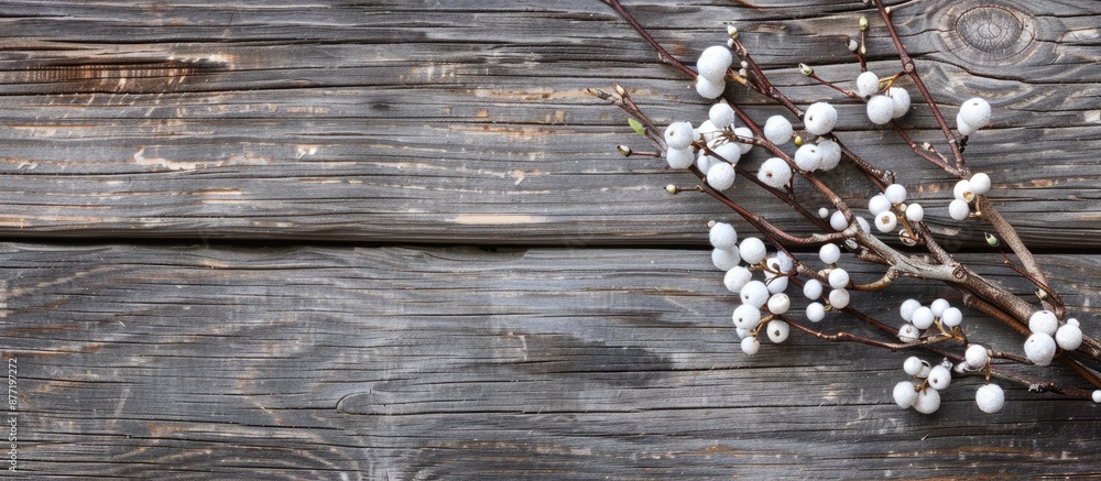 Poster wooden background with a branch adorned with white berries for your design perfect copy space image