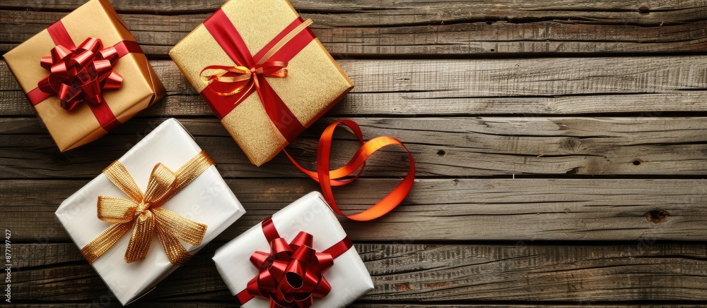 Aufkleber gifts wrapped in white red and gold paper with vibrant ribbons displayed on a rustic wooden surface 