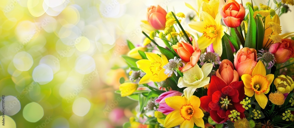 Aufkleber spring flowers decorate a background for an easter message allowing for a copy space image