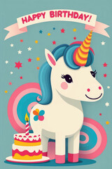 Happy birthday greeting card with cute unicorn and birthday cake.