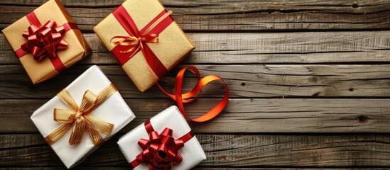 Fototapeta premium Gifts wrapped in white red and gold paper with vibrant ribbons displayed on a rustic wooden surface perfect for a copy space image