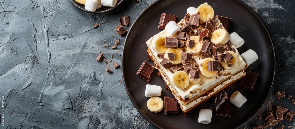 Poster a delightful treat banana cake adorned with marshmallows dark chocolate bits and sliced bananas with