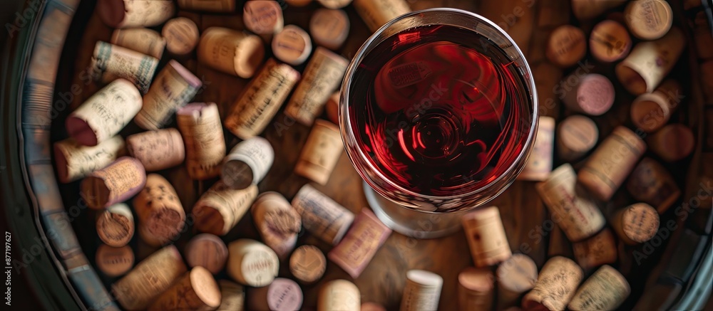 Poster red wineglass surrounded by wine corks rests on an aged wine barrel presenting a copy space image