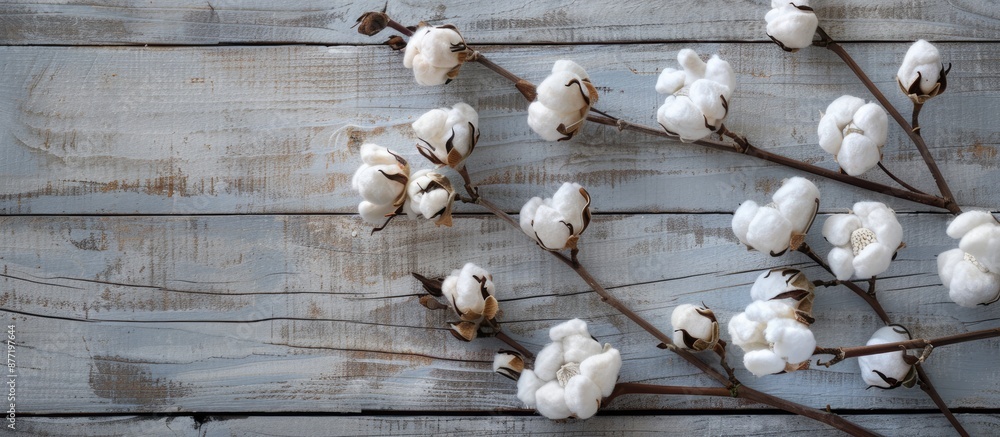 Poster White cotton flowers arranged elegantly on a wooden backdrop creating a serene composition with plenty of space for additional elements in the image