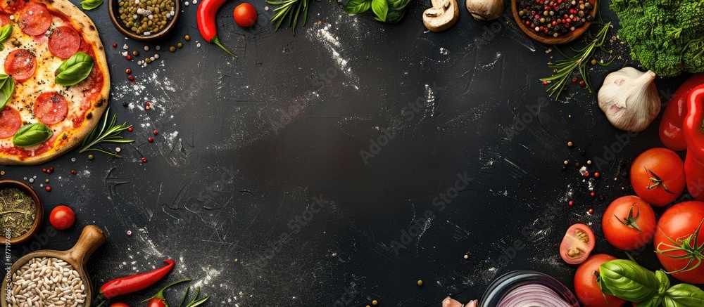 Aufkleber Background color enhances frame composed of pizza ingredients with copy space image
