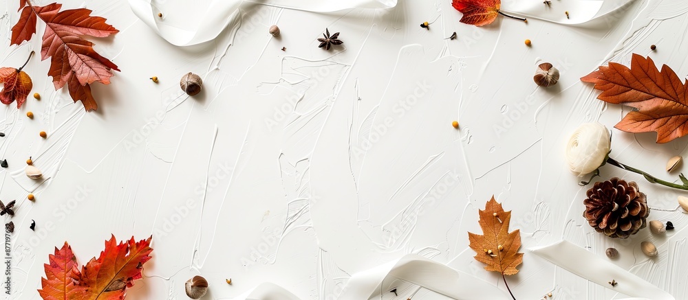 Aufkleber Autumn themed card mockup featuring leaves flowers a ribbon and nuts on a white background ideal for various invitation designs and projects incorporating a generous copy space image