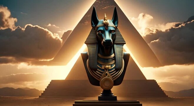 egyptian anubis statue on pyramid background 