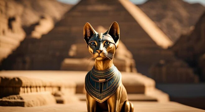 egyptian bastet statue on blurred pyramid background 