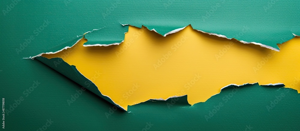 Aufkleber Abstract green and yellow paper with a torn hole in the center background a flat lay design seen from above with available copy space image