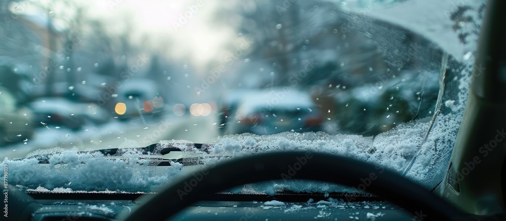 Poster close up view of snowy windshield on a car in winter with ample copy space image included