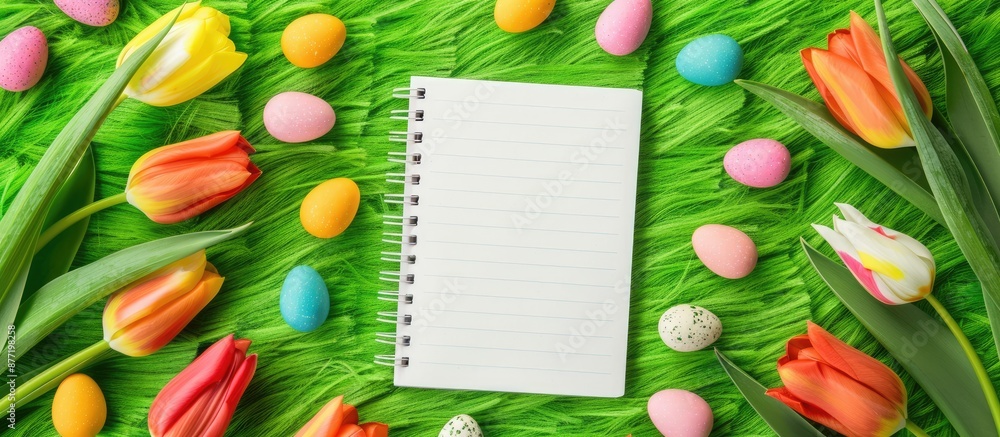 Poster easter festival theme featuring a blank notebook surrounded by candy tulips and a fresh green grass 
