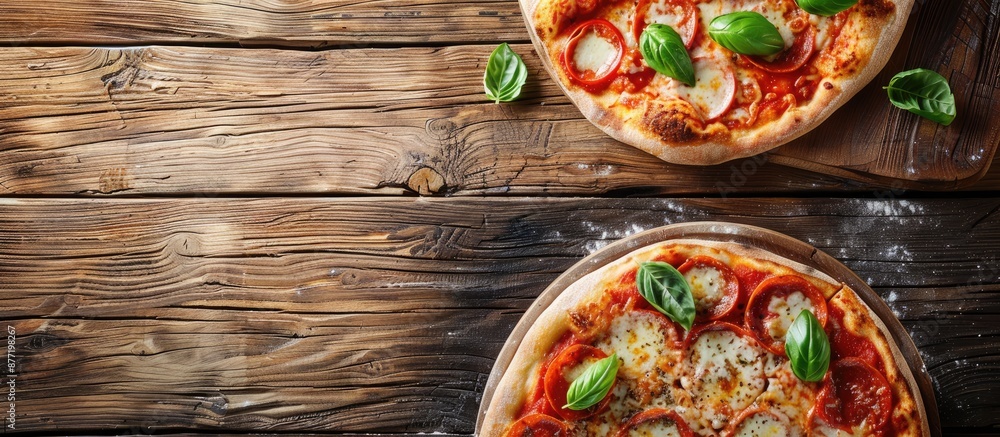 Poster italian pizza with traditional flavors and toppings great for pizza lovers on a rustic wooden table 