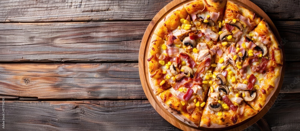 Aufkleber top view of a quarter pizza topped with chicken breast corn bacon and mushrooms on a round wooden pl