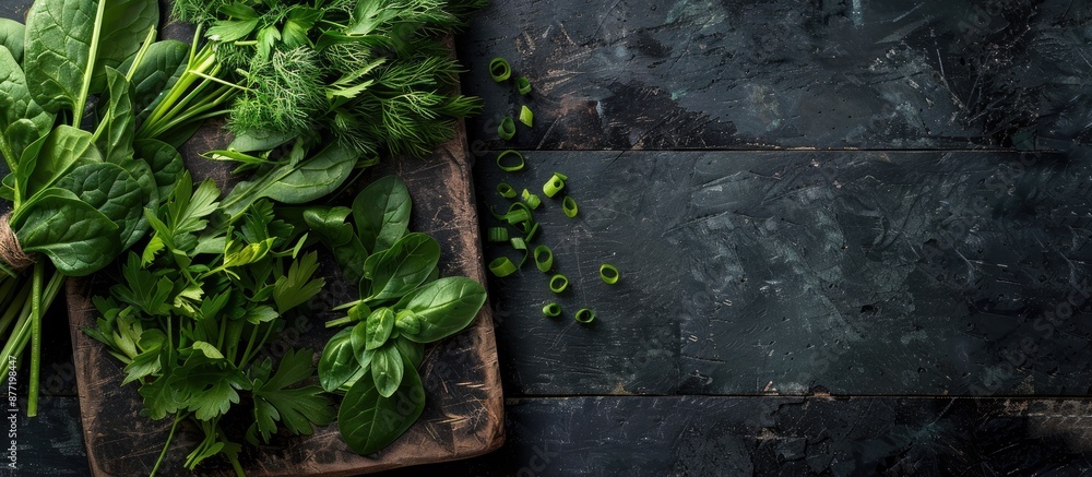 Aufkleber copy space image of various fresh greens like spinach dill parsley sorrel and green onions on a rust