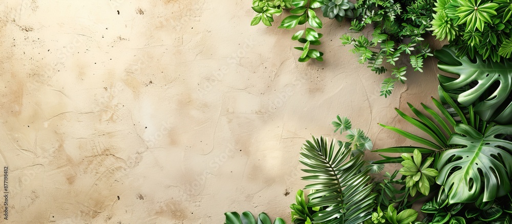 Aufkleber top view of green artificial plants on a beige backdrop with copy space image available
