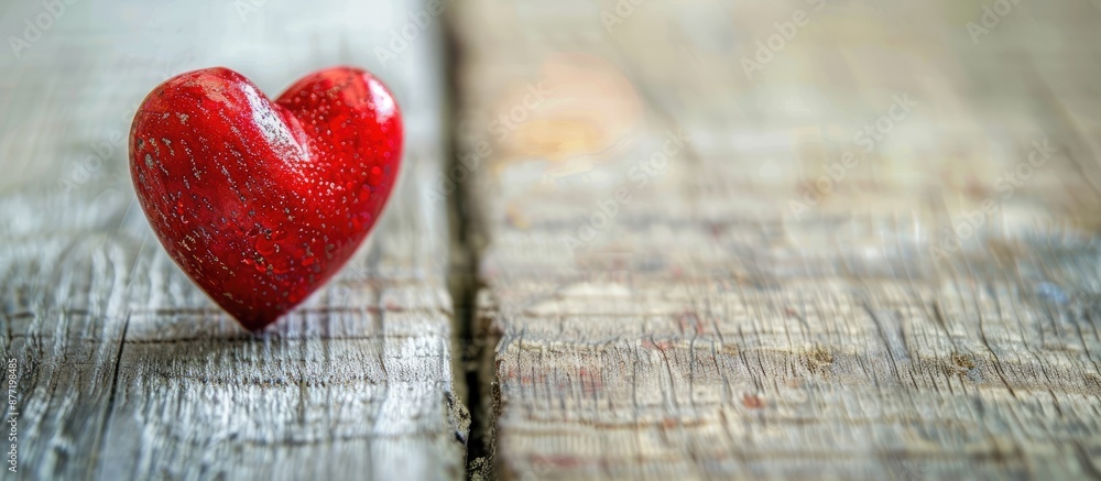 Poster Valentine s Day concept with a red heart symbolizing love on a wooden background with space for text or images. with copy space image. Place for adding text or design
