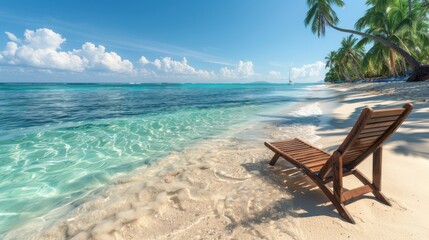 Stunning beach scene featuring a turquoise ocean, white sandy shore, and a single wooden lounge chair under palm trees, creating a serene and inviting tropical paradise.