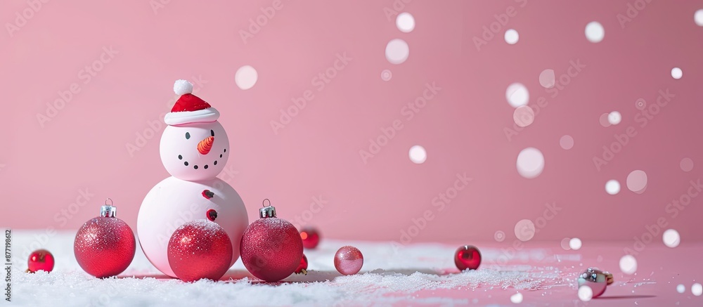 Poster minimal christmas concept with red snowman ornaments on a pastel background perfect for a festive co
